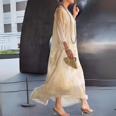 Sophie | Damen Langarm Maxikleid Fließendes Rundhals Abendkleid