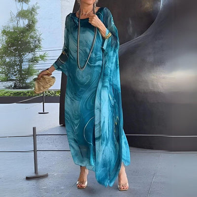 Sophie | Damen Langarm Maxikleid Fließendes Rundhals Abendkleid