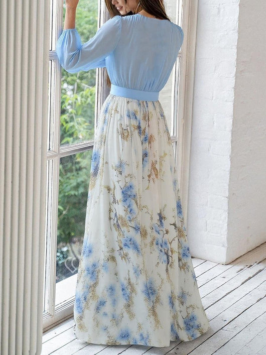 Marlene | Damen Langarm Maxikleid Florales Chiffon A-Linie tiefer V-Ausschnitt