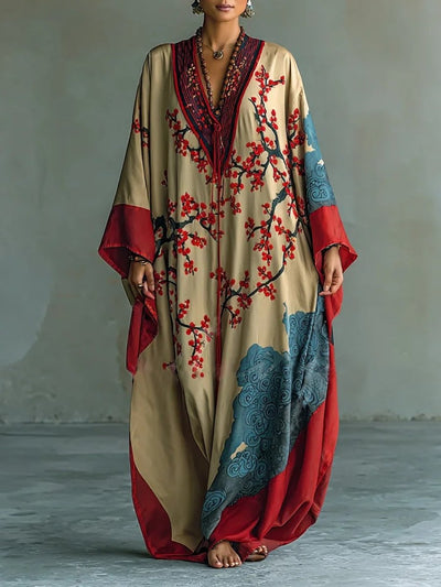 Amelie | Damen Langarm-Maxikleid mit japanischem Pflaumenblüten-Fledermausärmel-Schnitt