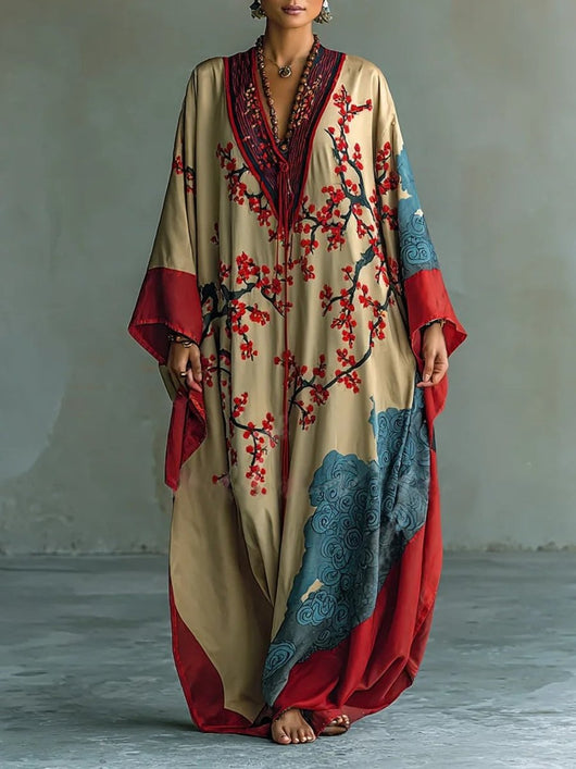Amelie | Damen Langarm-Maxikleid mit japanischem Pflaumenblüten-Fledermausärmel-Schnitt