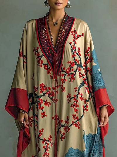 Amelie | Damen Langarm-Maxikleid mit japanischem Pflaumenblüten-Fledermausärmel-Schnitt