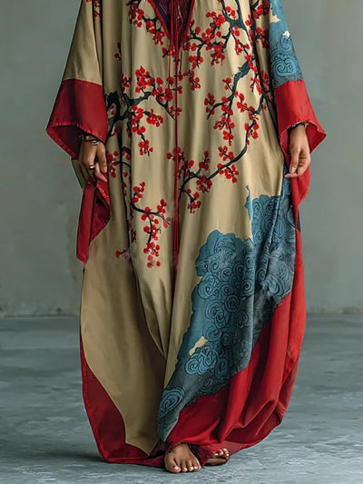 Amelie | Damen Langarm-Maxikleid mit japanischem Pflaumenblüten-Fledermausärmel-Schnitt