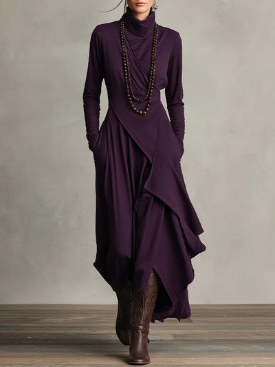 Luisa | Damen Langarm-Maxikleid mit Rollkragen asymmetrischem Saum