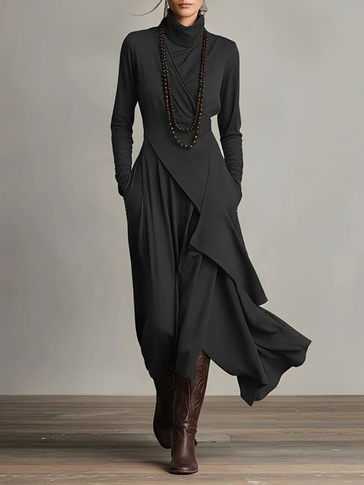 Luisa | Damen Langarm-Maxikleid mit Rollkragen asymmetrischem Saum