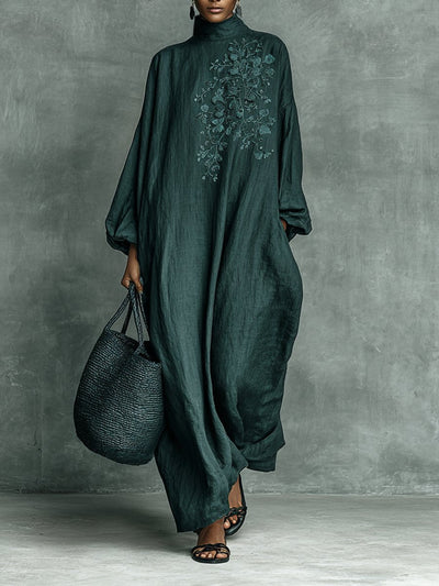 Greta | Damen Langarm-Maxikleid mit Stickerei und Stehkragen