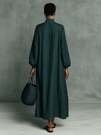 Greta | Damen Langarm-Maxikleid mit Stickerei und Stehkragen