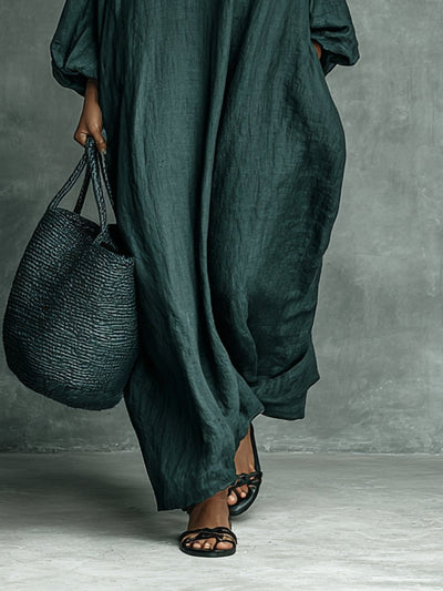 Greta | Damen Langarm-Maxikleid mit Stickerei und Stehkragen