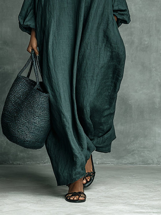 Greta | Damen Langarm-Maxikleid mit Stickerei und Stehkragen