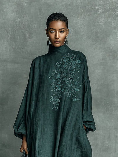 Greta | Damen Langarm-Maxikleid mit Stickerei und Stehkragen