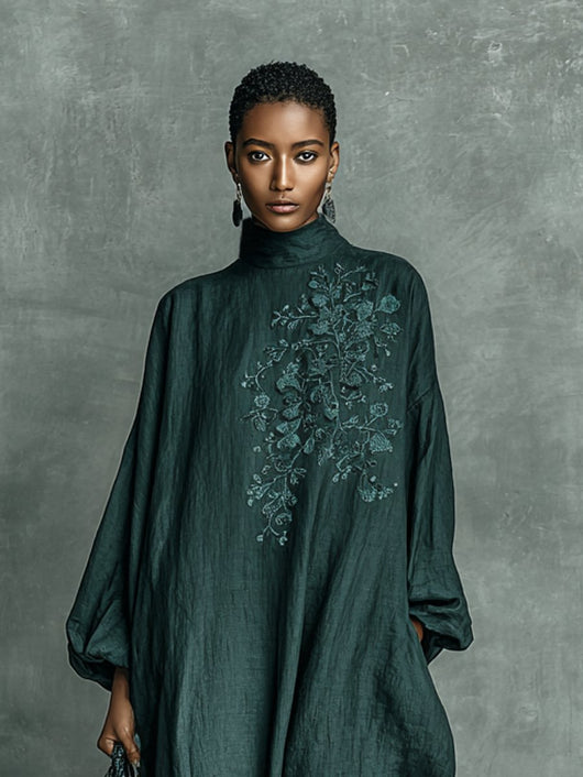 Greta | Damen Langarm-Maxikleid mit Stickerei und Stehkragen