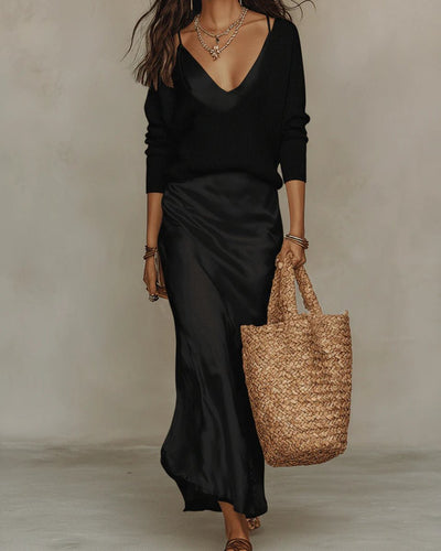 Johanna | Damen Langarm-Midi-Kleid mit Satin-Unterkleid und Strickpullover