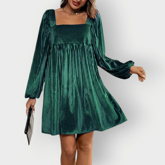 Sophie | Damen Langarm Plissee Samtkleid Eckausschnitt Elegantes Formal Dress