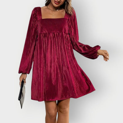 Sophie | Damen Langarm Plissee Samtkleid Eckausschnitt Elegantes Formal Dress
