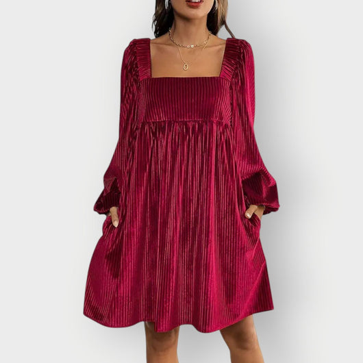 Sophie | Damen Langarm Plissee Samtkleid Eckausschnitt Elegantes Formal Dress