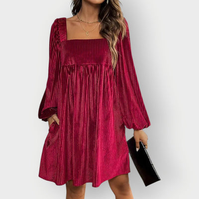 Sophie | Damen Langarm Plissee Samtkleid Eckausschnitt Elegantes Formal Dress