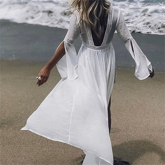 Marlene | Damen Langarm Rückenfreie Maxi-Tunika Strandkleid