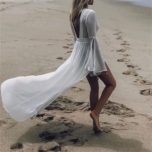 Marlene | Damen Langarm Rückenfreie Maxi-Tunika Strandkleid