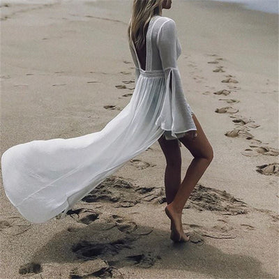 Marlene | Damen Langarm Rückenfreie Maxi-Tunika Strandkleid