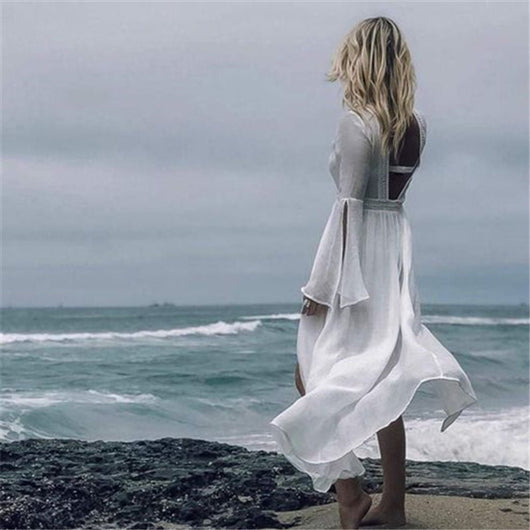 Marlene | Damen Langarm Rückenfreie Maxi-Tunika Strandkleid