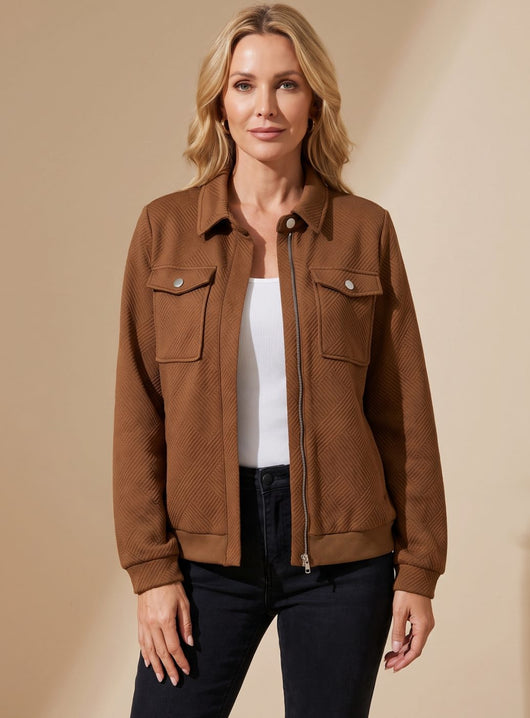 Johanna | Damen Langarm-Steppjacke mit Reißverschluss Brusttaschen Hemdkragen