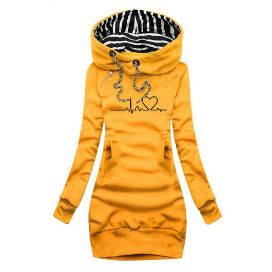 Elfriede | Damen Langarm-Sweatshirt-Kleid mit Herzschlag-Print und Kapuze