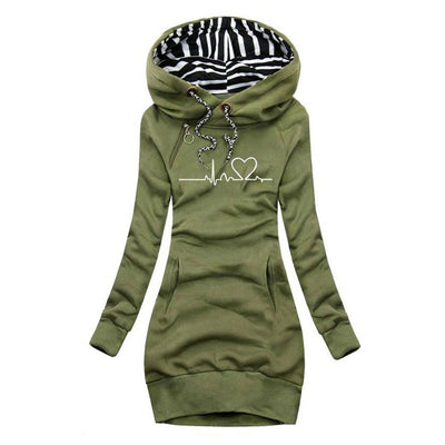 Elfriede | Damen Langarm-Sweatshirt-Kleid mit Herzschlag-Print und Kapuze