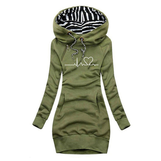 Elfriede | Damen Langarm-Sweatshirt-Kleid mit Herzschlag-Print und Kapuze