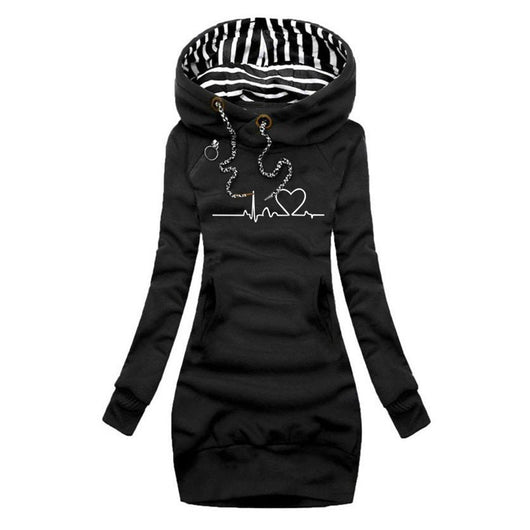 Elfriede | Damen Langarm-Sweatshirt-Kleid mit Herzschlag-Print und Kapuze