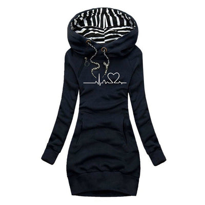 Elfriede | Damen Langarm-Sweatshirt-Kleid mit Herzschlag-Print und Kapuze