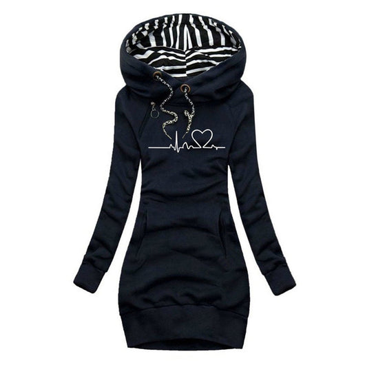 Elfriede | Damen Langarm-Sweatshirt-Kleid mit Herzschlag-Print und Kapuze