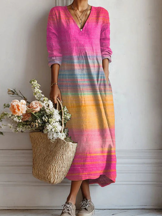 Marlene | Damen Langarm V-Ausschnitt Kleid mit Regenbogen-Streifenmuster Maxi