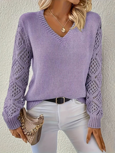 Elisabeth | Damen Langarm V-Ausschnitt Lochstrick Pullover Knit Sweater