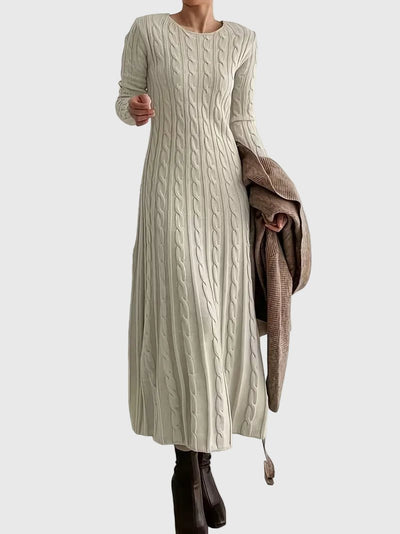 Greta | Damen Langarm Zopfmuster Strick Maxikleid