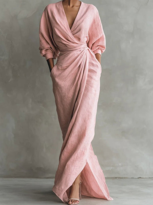 Hannah | Damen Langarmkleid elegantes Maxi-Wickelkleid mit V-Ausschnitt