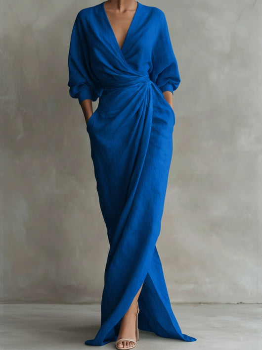 Hannah | Damen Langarmkleid elegantes Maxi-Wickelkleid mit V-Ausschnitt