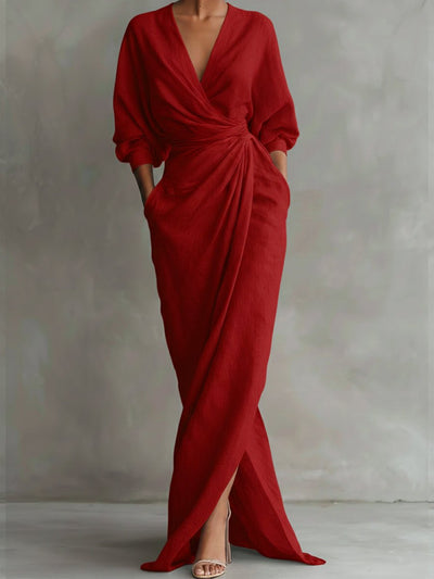 Hannah | Damen Langarmkleid elegantes Maxi-Wickelkleid mit V-Ausschnitt