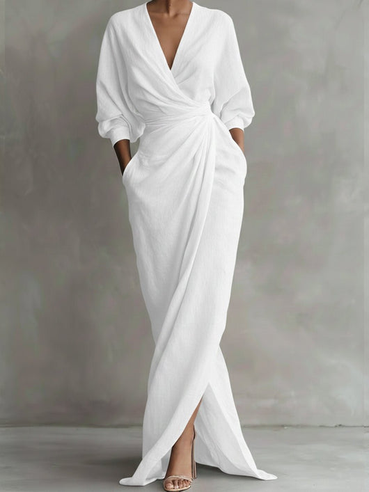 Hannah | Damen Langarmkleid elegantes Maxi-Wickelkleid mit V-Ausschnitt