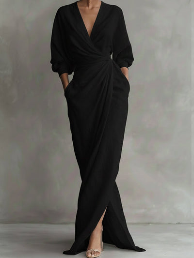 Hannah | Damen Langarmkleid elegantes Maxi-Wickelkleid mit V-Ausschnitt