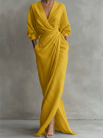 Hannah | Damen Langarmkleid elegantes Maxi-Wickelkleid mit V-Ausschnitt