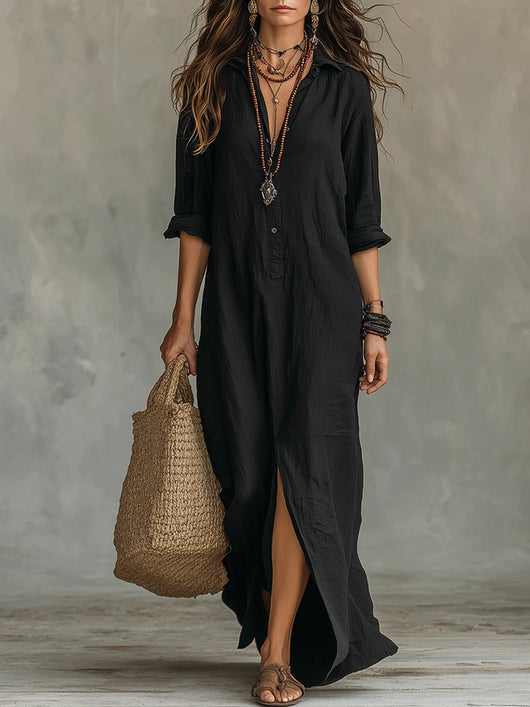 Nora | Damen Langarmkleid Maxi Hemdkleid mit Knopfleiste fließender Schnitt