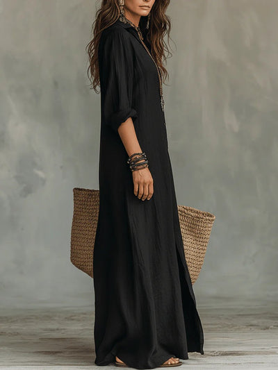 Nora | Damen Langarmkleid Maxi Hemdkleid mit Knopfleiste fließender Schnitt