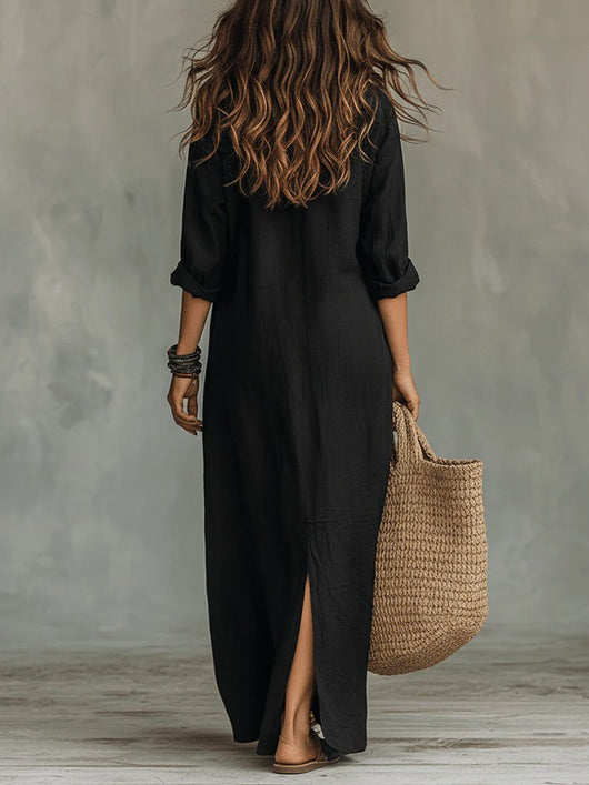 Nora | Damen Langarmkleid Maxi Hemdkleid mit Knopfleiste fließender Schnitt
