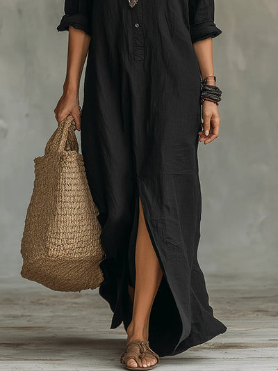 Nora | Damen Langarmkleid Maxi Hemdkleid mit Knopfleiste fließender Schnitt