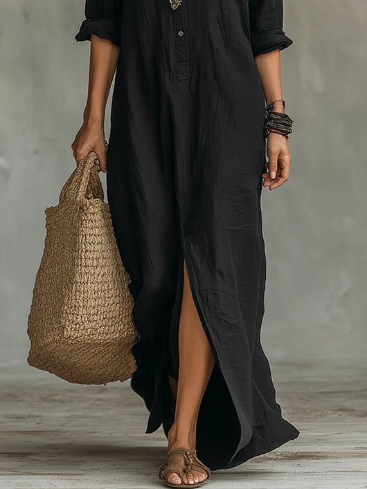 Nora | Damen Langarmkleid Maxi Hemdkleid mit Knopfleiste fließender Schnitt