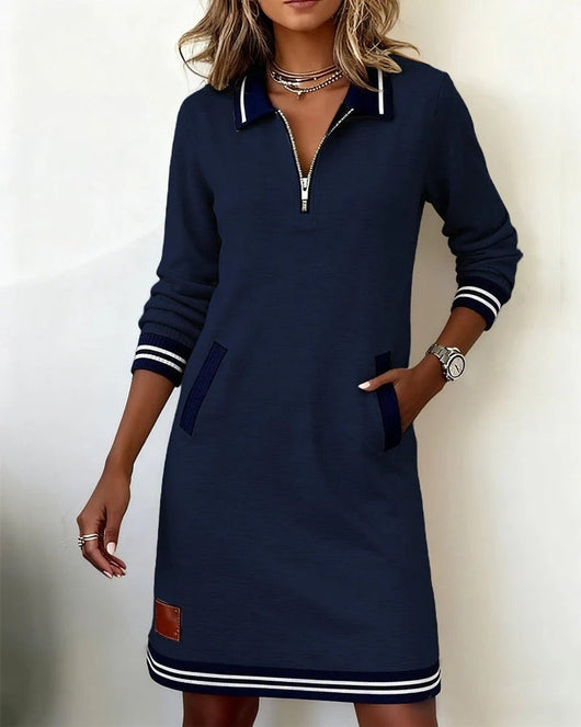 Emilia | Damen Langarmkleid mit Reißverschlusskragen und Seitentaschen