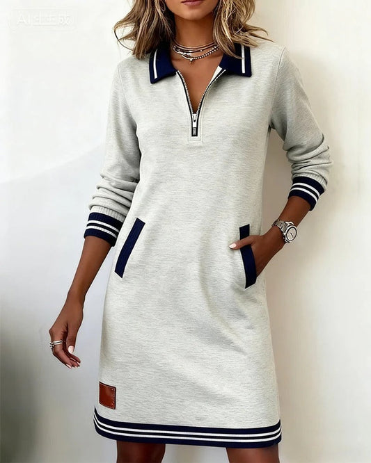 Emilia | Damen Langarmkleid mit Reißverschlusskragen und Seitentaschen