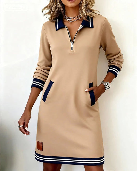 Emilia | Damen Langarmkleid mit Reißverschlusskragen und Seitentaschen