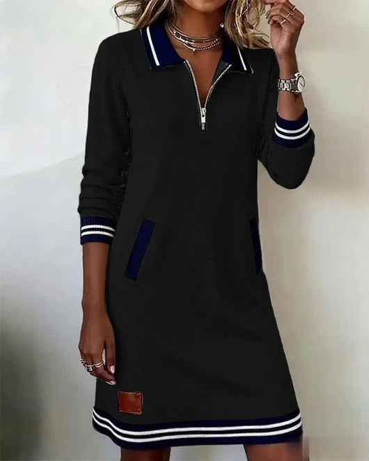 Emilia | Damen Langarmkleid mit Reißverschlusskragen und Seitentaschen