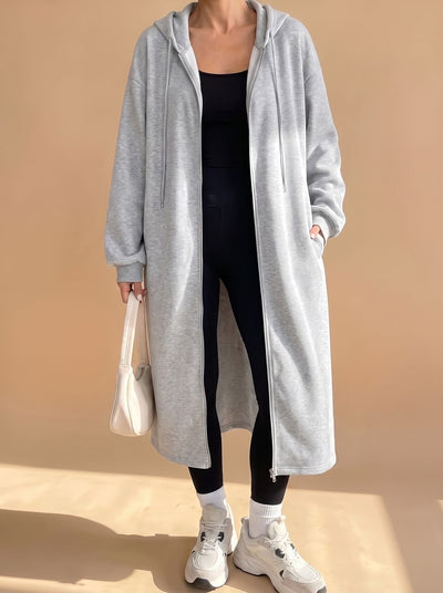 Frieda | Damen Lange Kapuzenjacke mit Reißverschluss Relaxed Fit